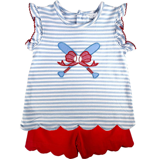 1.20 GSSO3244 Pre order No Moq Baby Girls Stripe Baseballs Bows Tunic Scallop Shorts Team Clothes Sets