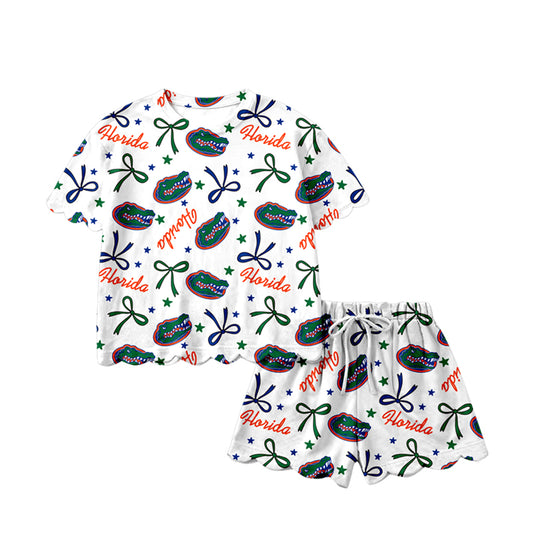 1.21 GSSO3249 Pre order No Moq Baby Girls Star Bows Crocodiles Top Scallop Shorts Team Clothes Sets