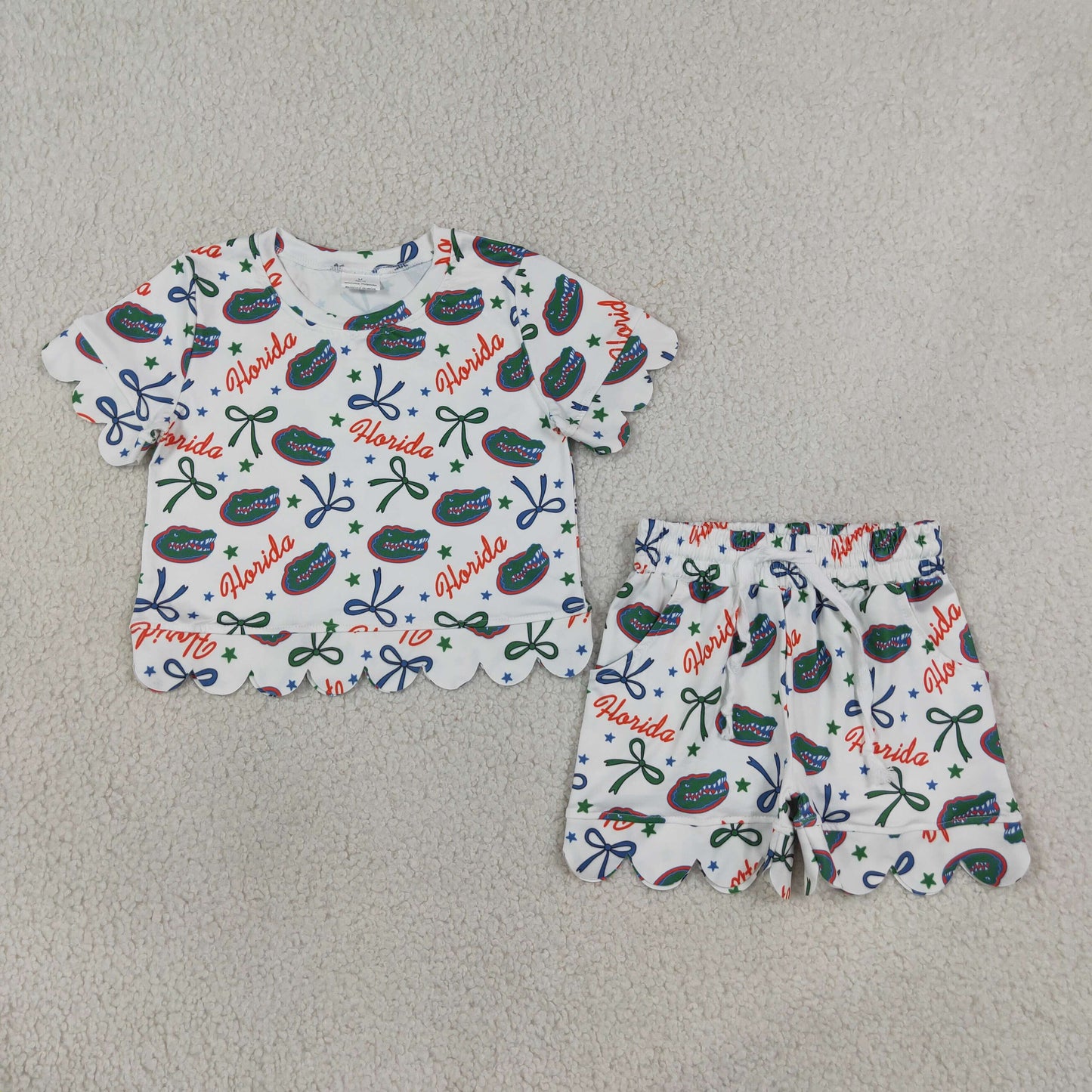 GSSO3249  RTS NO MOQ （In stock）Baby Girls Star Bow Print Top Matching Pocket Scallop Short Two Piece Team Clothes Set