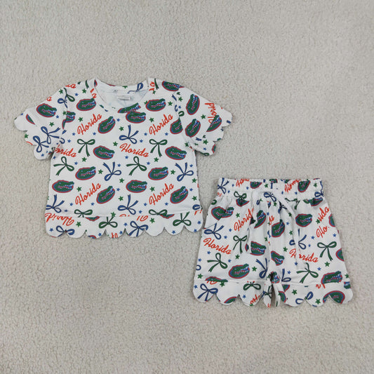 GSSO3249  RTS NO MOQ （In stock）Baby Girls Star Bow Print Top Matching Pocket Scallop Short Two Piece Team Clothes Set