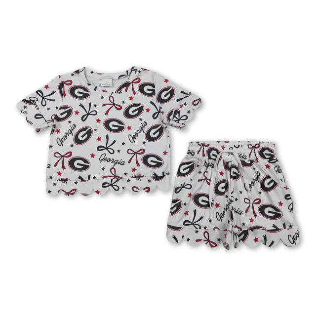RTS Sibling Baby Girls Bows Team Top Pockets Short Scallop Clothes Sets