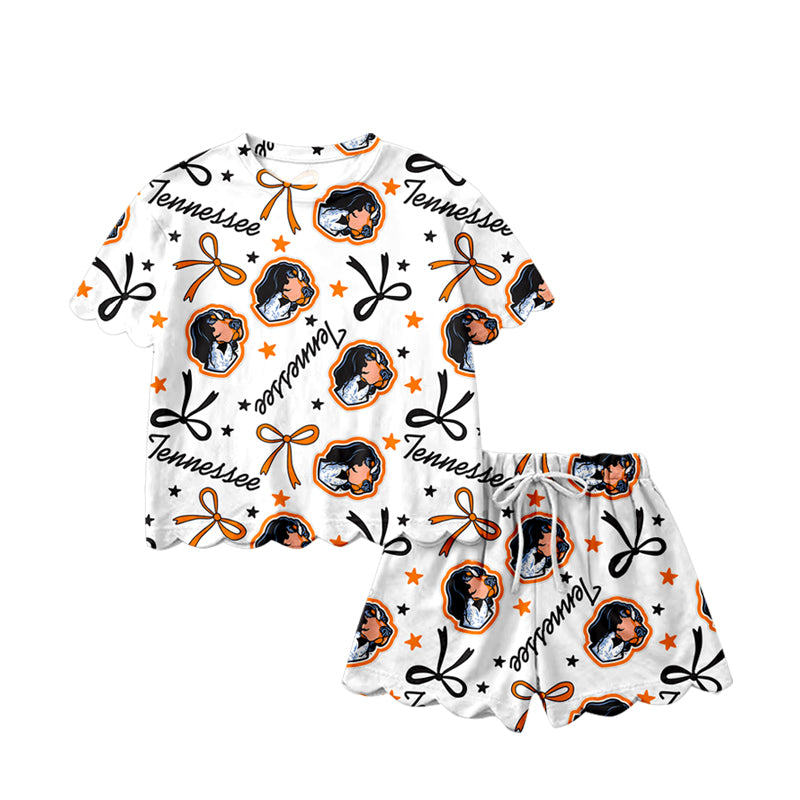 1.21 GSSO3251 Pre order No Moq Baby Girls Star Bows Dogs Top Scallop Shorts Team Clothes Sets