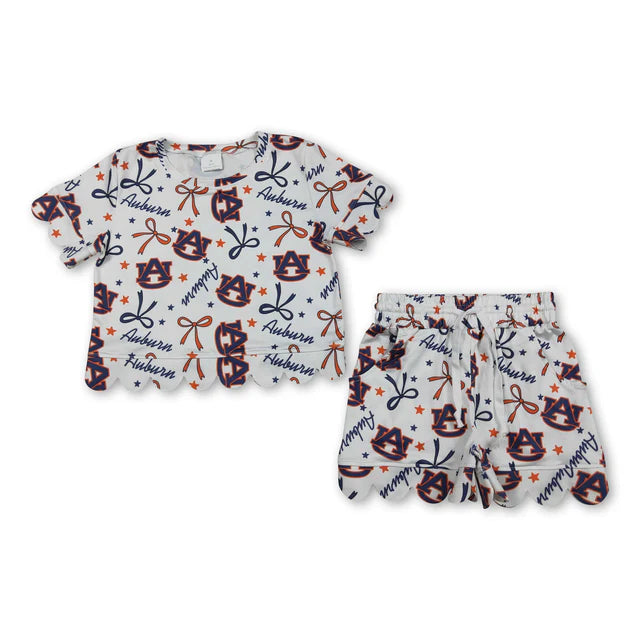 RTS Sibling Baby Girls Bows Team Top Pockets Short Scallop Clothes Sets