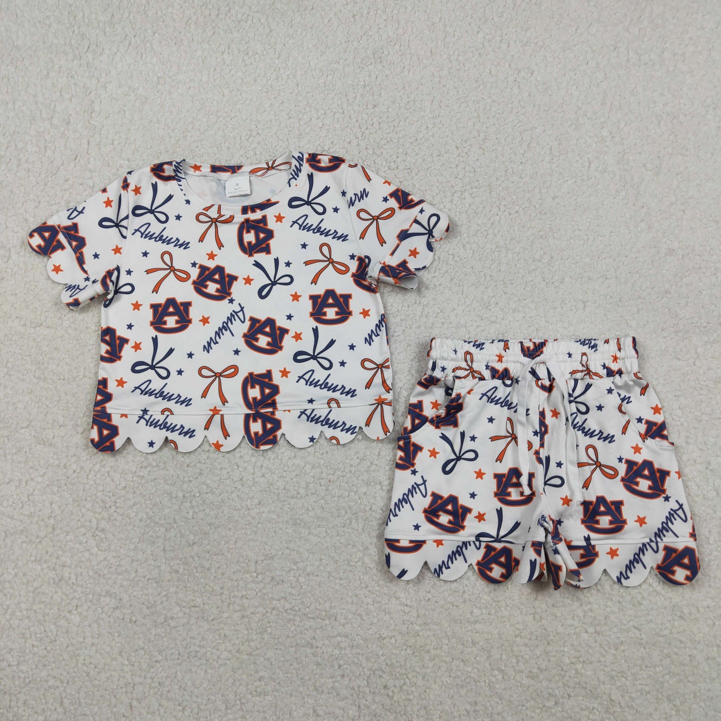 3.30 RTS NO MOQ （In stock）GSSO3252 Short sleeves A U stars bow scallop girls team outfits