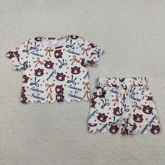 3.30 RTS NO MOQ （In stock）GSSO3252 Short sleeves A U stars bow scallop girls team outfits