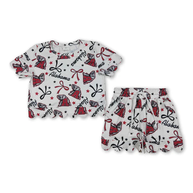 RTS Sibling Baby Girls Bows Team Top Pockets Short Scallop Clothes Sets