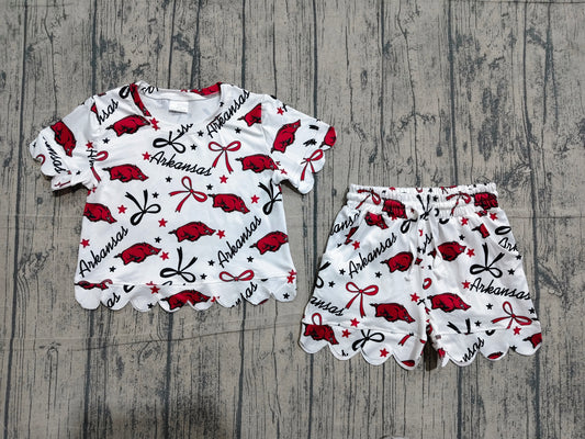 4.12 GSSO3254 Sample No Moq Baby Girls Star Bows Bulls Top Scallop Shorts Team Clothes Sets