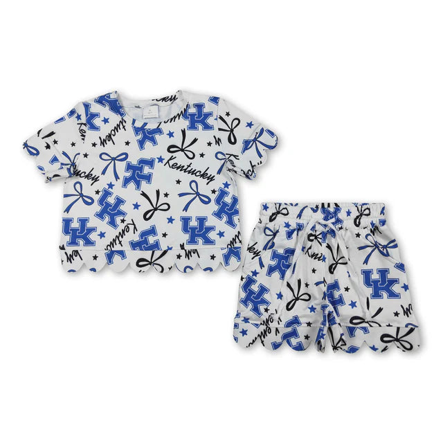 RTS Sibling Baby Girls Bows Team Top Pockets Short Scallop Clothes Sets