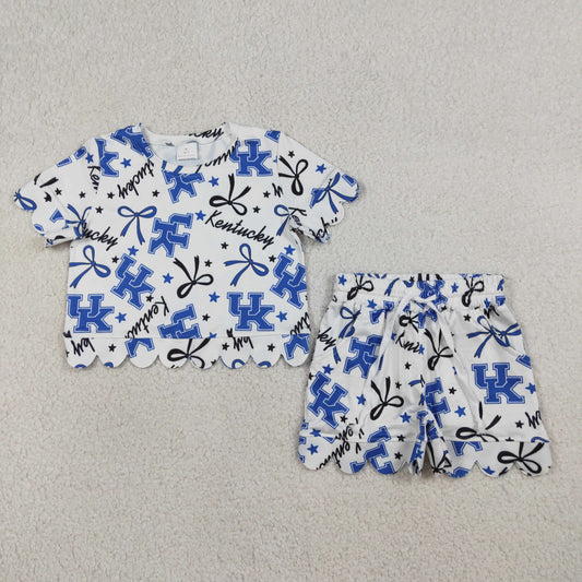 3.24 RTS NO MOQ （In stock）GSSO3255 Kids Clothing for Baby Girls Short Sleeve Blue Star Bows UK Top Scallop Shorts Team Clothes Sets