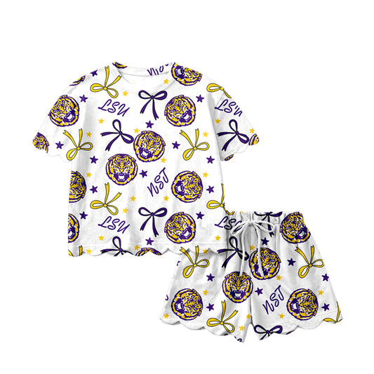 1.21 GSSO3256 Pre order No Moq Baby Girls Star Bows LSU Tiger Top Scallop Shorts Team Clothes Sets