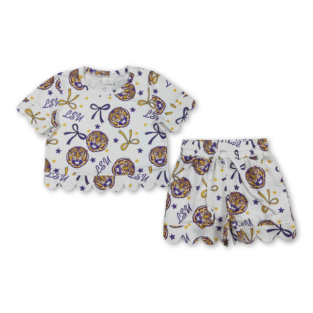 RTS Sibling Baby Girls Bows Team Top Pockets Short Scallop Clothes Sets