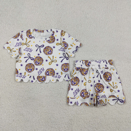 3.27 GSSO3256 RTS NO MOQ （In stock ）Short sleeves bow scallop girls team outfits