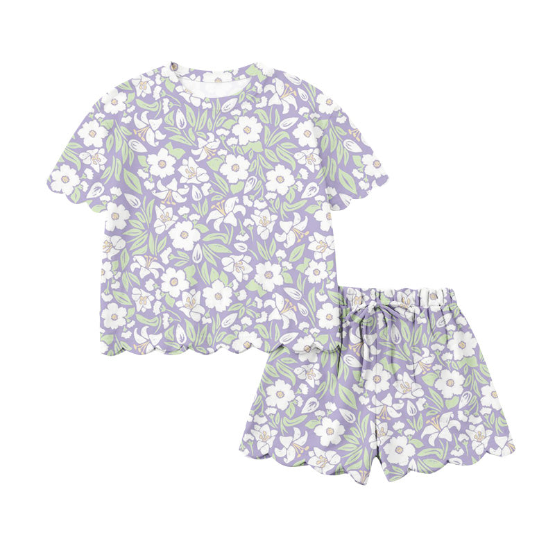 1.22 GSSO3265 Pre order No Moq Baby Girls Short Sleeve Colorful Flowers Top Scallop Shorts Clothes Sets