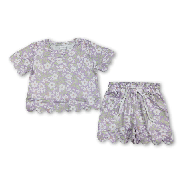 RTS Sibling Baby Girls Colorful Flowers Top Pockets Shorts Scallop Clothes Sets