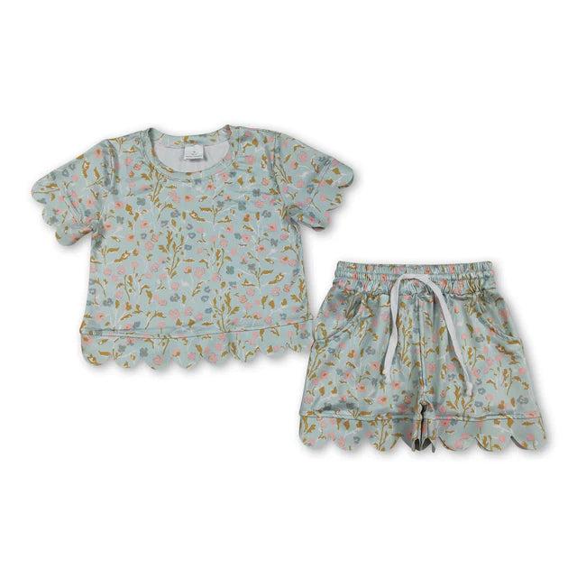 RTS Sibling Baby Girls Colorful Flowers Top Pockets Shorts Scallop Clothes Sets