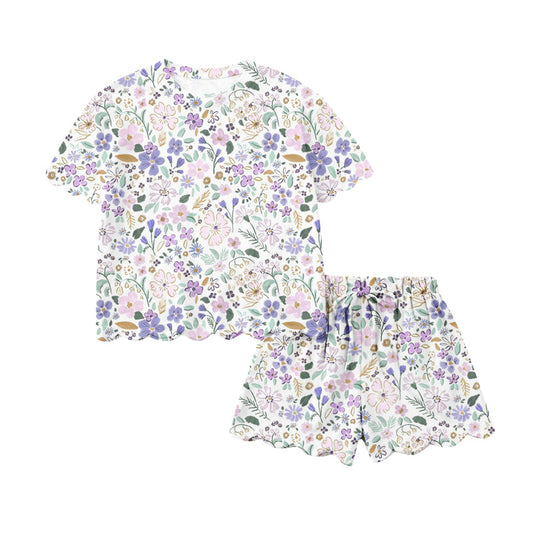 1.22 GSSO3267 Pre order No Moq Baby Girls Short Sleeve Colorful Flowers Top Scallop Shorts Clothes Sets