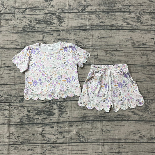 3.21 GSSO3267 Sample No Moq Baby Girls Summer Fashion Short Sleeve Colorful Flowers Top Scallop Shorts Clothes Sets