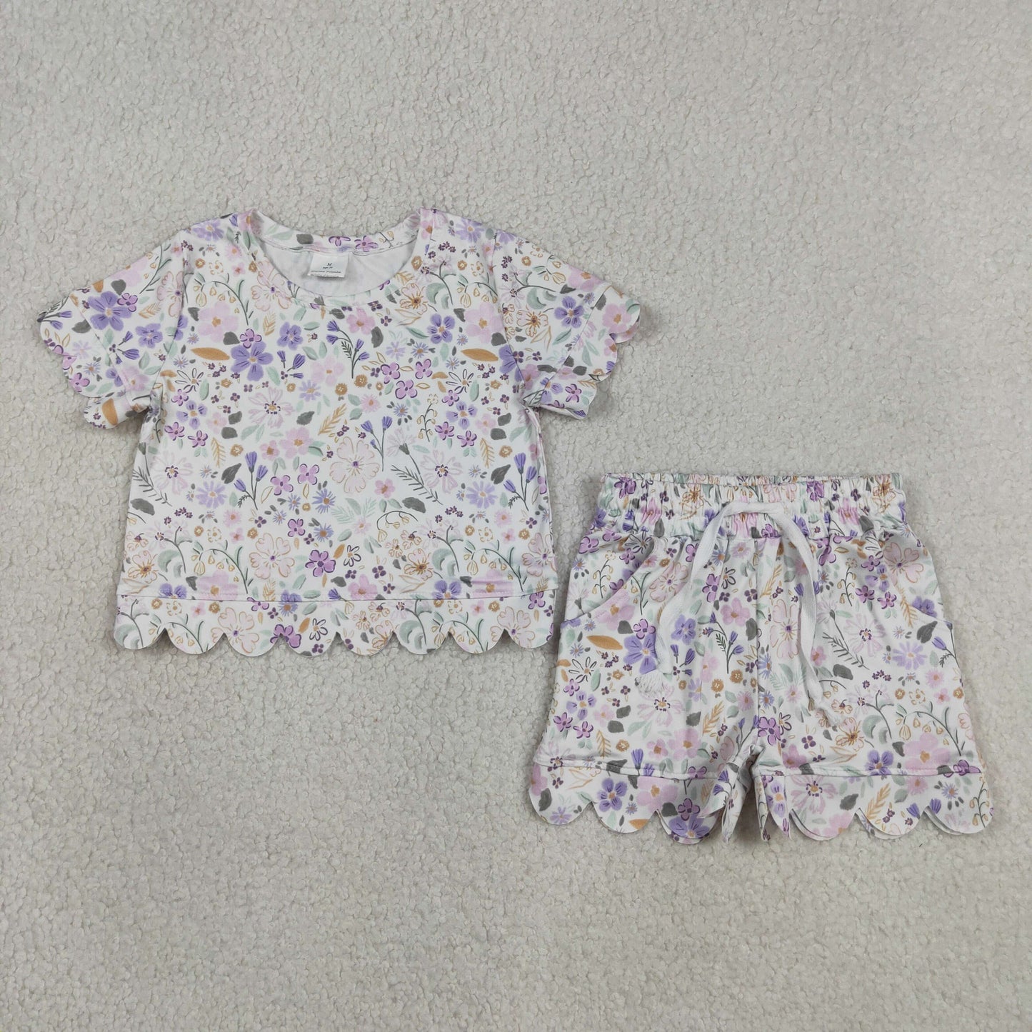 GSSO3267 RTS NO MOQ （In stock ）Lavender floral scallop top shorts girls summer clothes