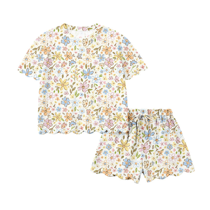 1.22 GSSO3268 Pre order No Moq Baby Girls Short Sleeve Colorful Flowers Top Scallop Shorts Clothes Sets