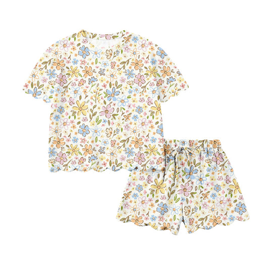 1.22 GSSO3268 Pre order No Moq Baby Girls Short Sleeve Colorful Flowers Top Scallop Shorts Clothes Sets