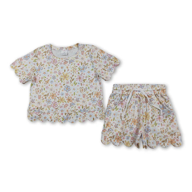 RTS Sibling Baby Girls Colorful Flowers Top Pockets Shorts Scallop Clothes Sets