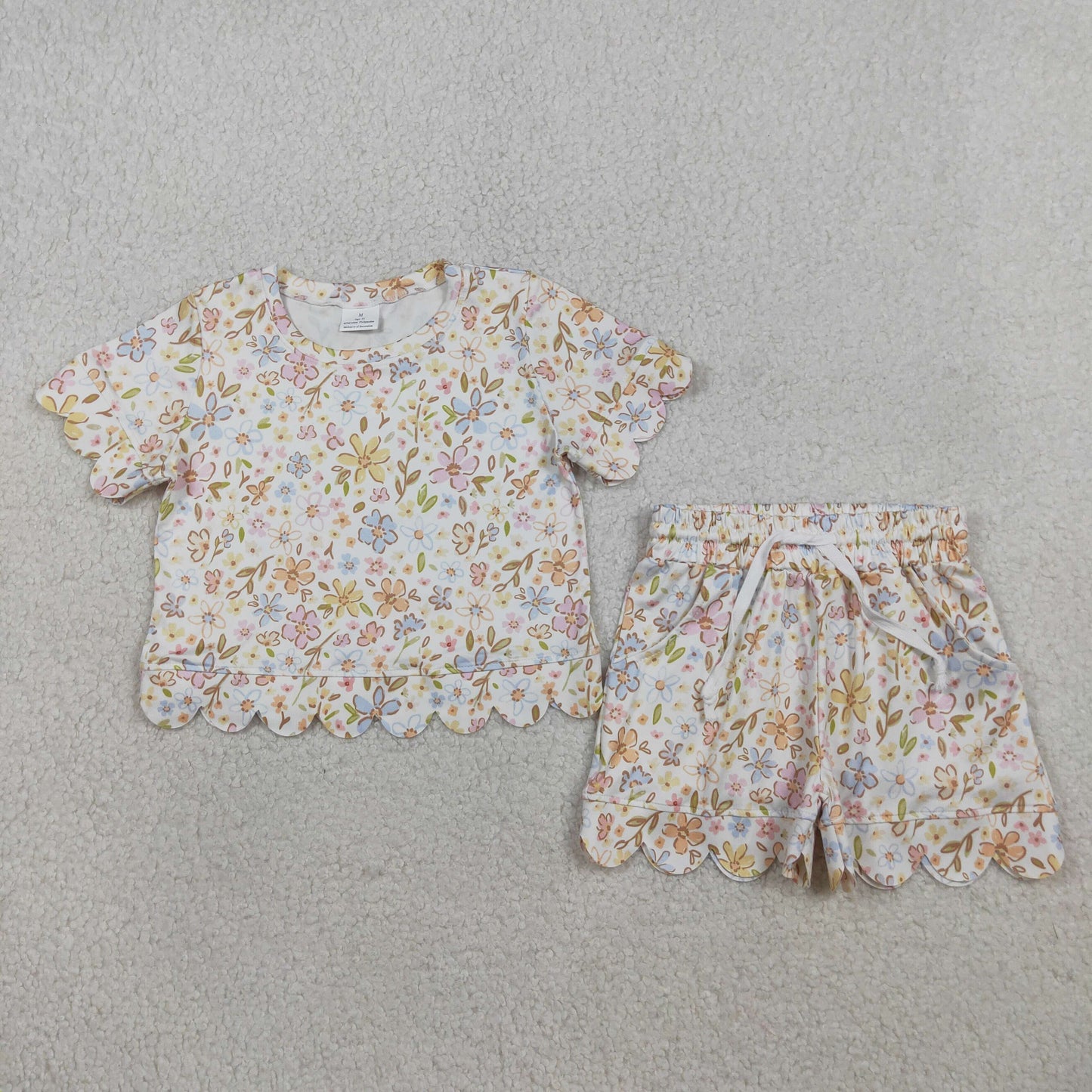 3.30 RTS NO MOQ （In stock）GSSO3268 Short sleeves yellow floral scallop kids girls summer outfits