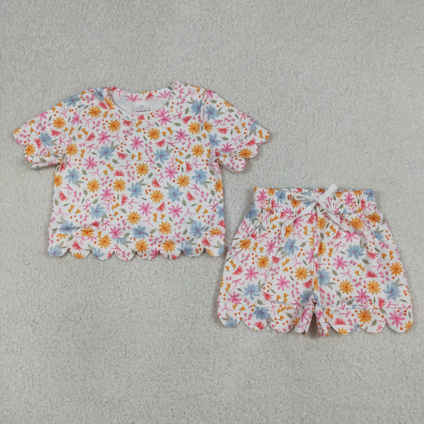 4.8 GSSO3269 RTS NO MOQ （In stock） Short sleeves floral bow scallop kids girls summer outfits