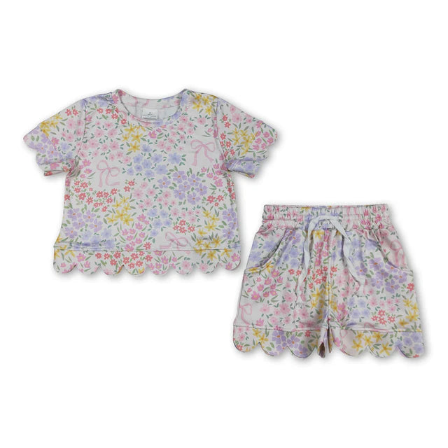 RTS Sibling Baby Girls Colorful Flowers Top Pockets Shorts Scallop Clothes Sets