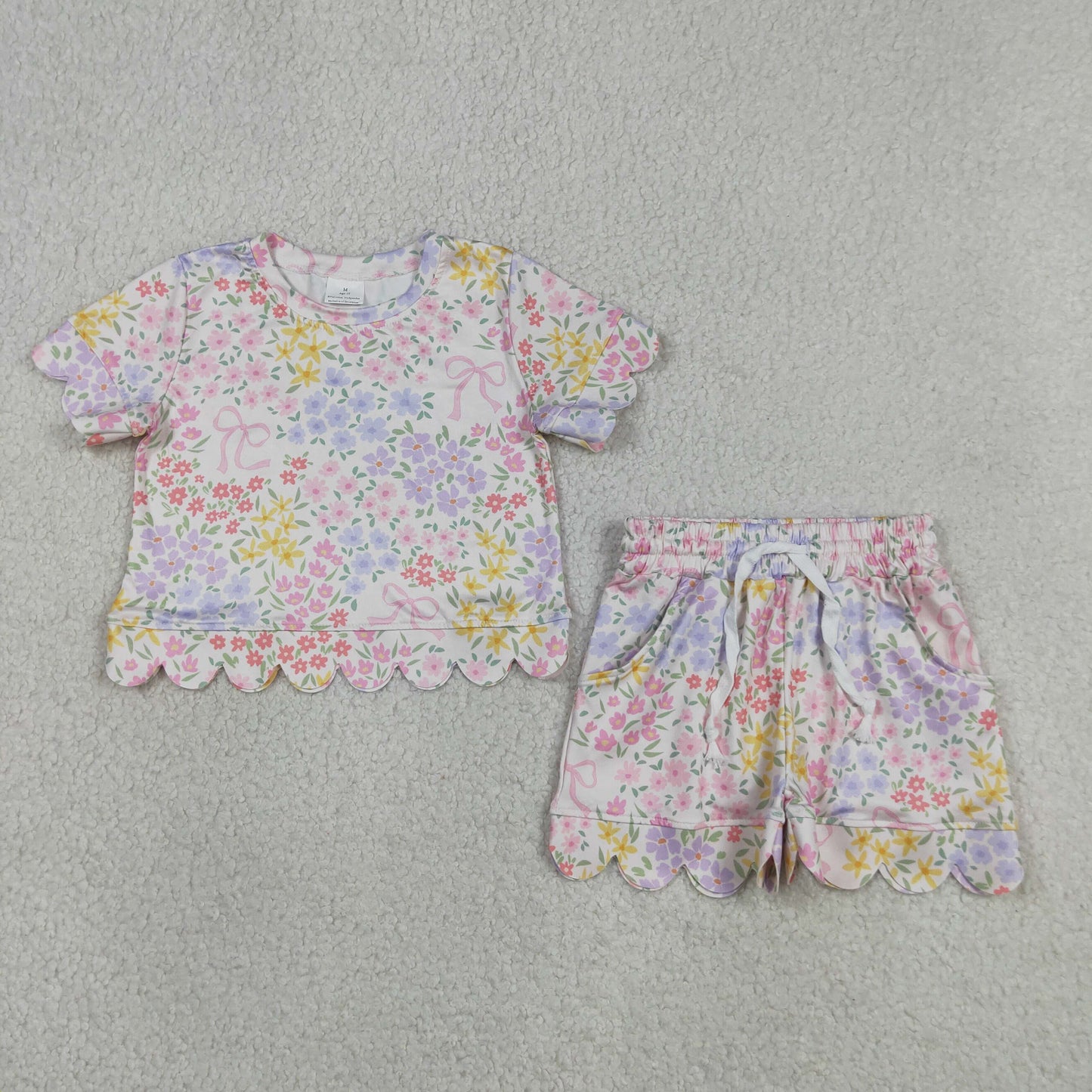 GSSO3270 RTS NO MOQ （In stock ）Short sleeves pink bow floral scallop kids girls summer outfits