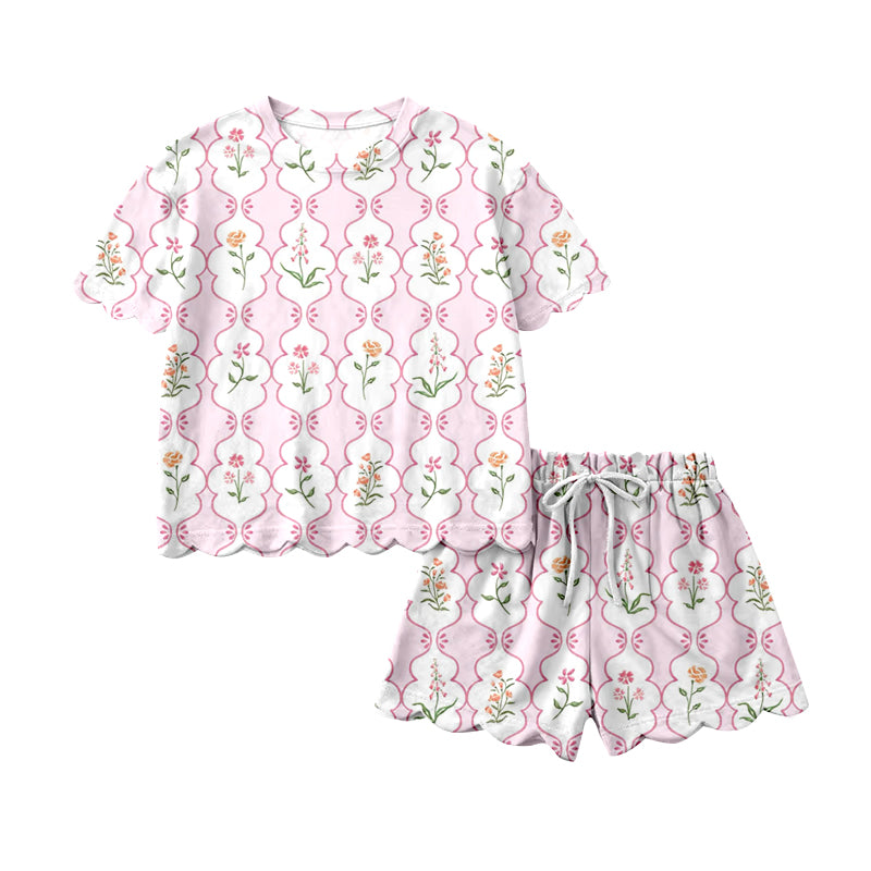 1.22 GSSO3271 Pre order No Moq Baby Girls Short Sleeve Pink Flowers Checked Top Scallop Shorts Clothes Sets