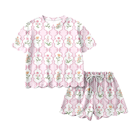 1.22 GSSO3271 Pre order No Moq Baby Girls Short Sleeve Pink Flowers Checked Top Scallop Shorts Clothes Sets