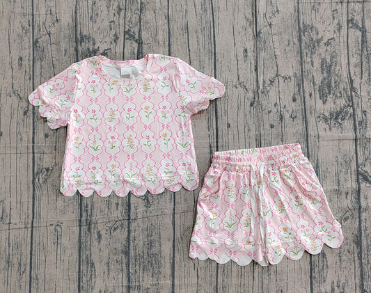 3.7 GSSO3271 Sample No Moq Baby Girls Short Sleeve Pink Flowers Checked Top Scallop Shorts Clothes Sets