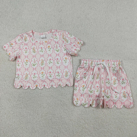 3.27 GSSO3256 RTS NO MOQ （In stock ）Short sleeves pink floral scallop kids girls summer outfits