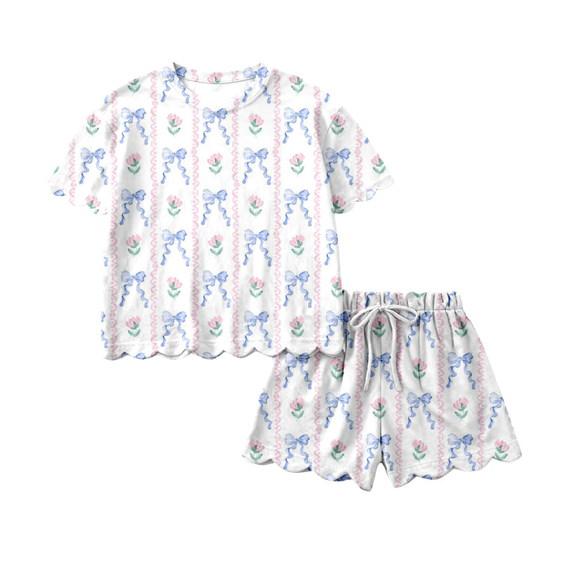 1.22 GSSO3272 Pre order No Moq Baby Girls Short Sleeve Blue Bow Flowers Stripe Top Scallop Shorts Clothes Sets
