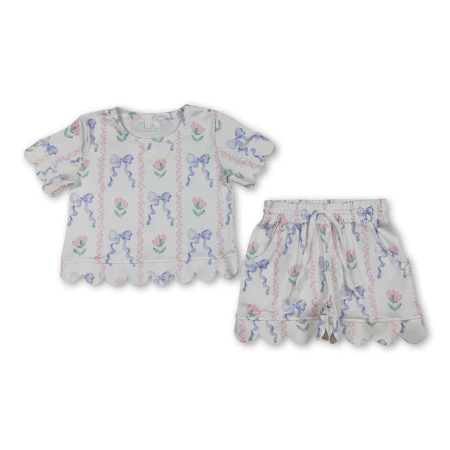RTS Sibling Baby Girls Colorful Flowers Top Pockets Shorts Scallop Clothes Sets