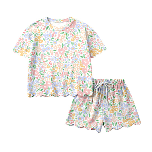 1.22 GSSO3273 Pre order No Moq Baby Girls Short Sleeve Colorful Small Flowers Top Scallop Shorts Clothes Sets