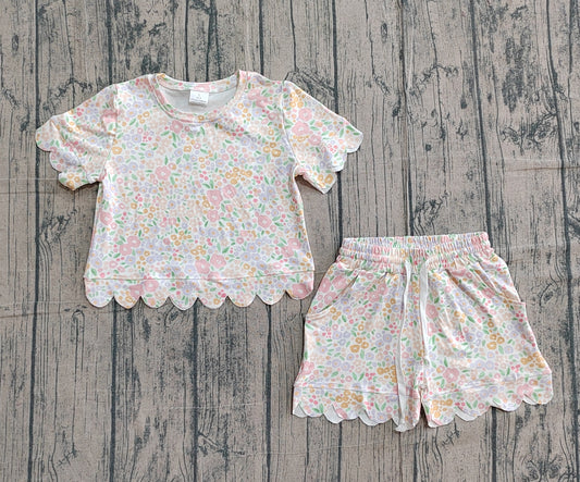 3.7 GSSO3273 Sample No Moq Baby Girls Short Sleeve Colorful Small Flowers Top Scallop Shorts Clothes Sets