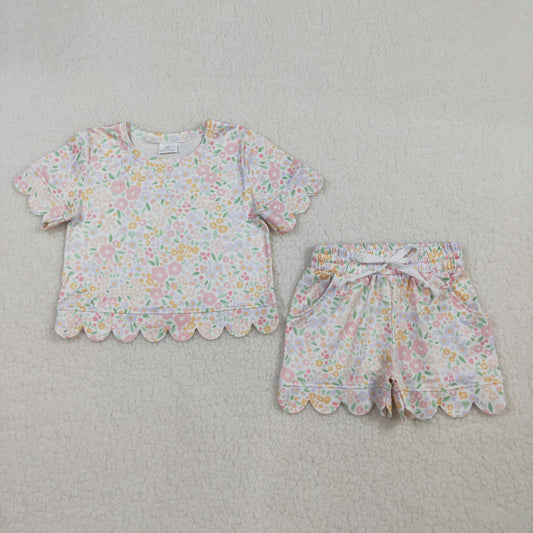 3.25 RTS NO MOQ （In stock）GSSO3273 Kids Clothing for Baby Girls Short Sleeve Colorful Small Flowers Top Shorts Scallop Clothes Sets