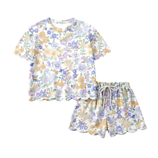 1.22 GSSO3274 Pre order No Moq Baby Girls Short Sleeve Colorful Flowers Top Scallop Shorts Clothes Sets