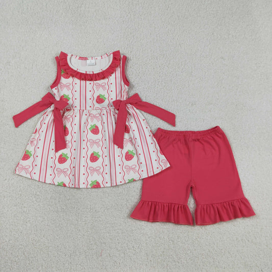 3.14 RTS NO MOQ （In stock）GSSO3276 Fashion Clothing For Baby Girls Sleeveless Strawberry Bows Stripe Tunic Ruffle Shorts Clothes Set