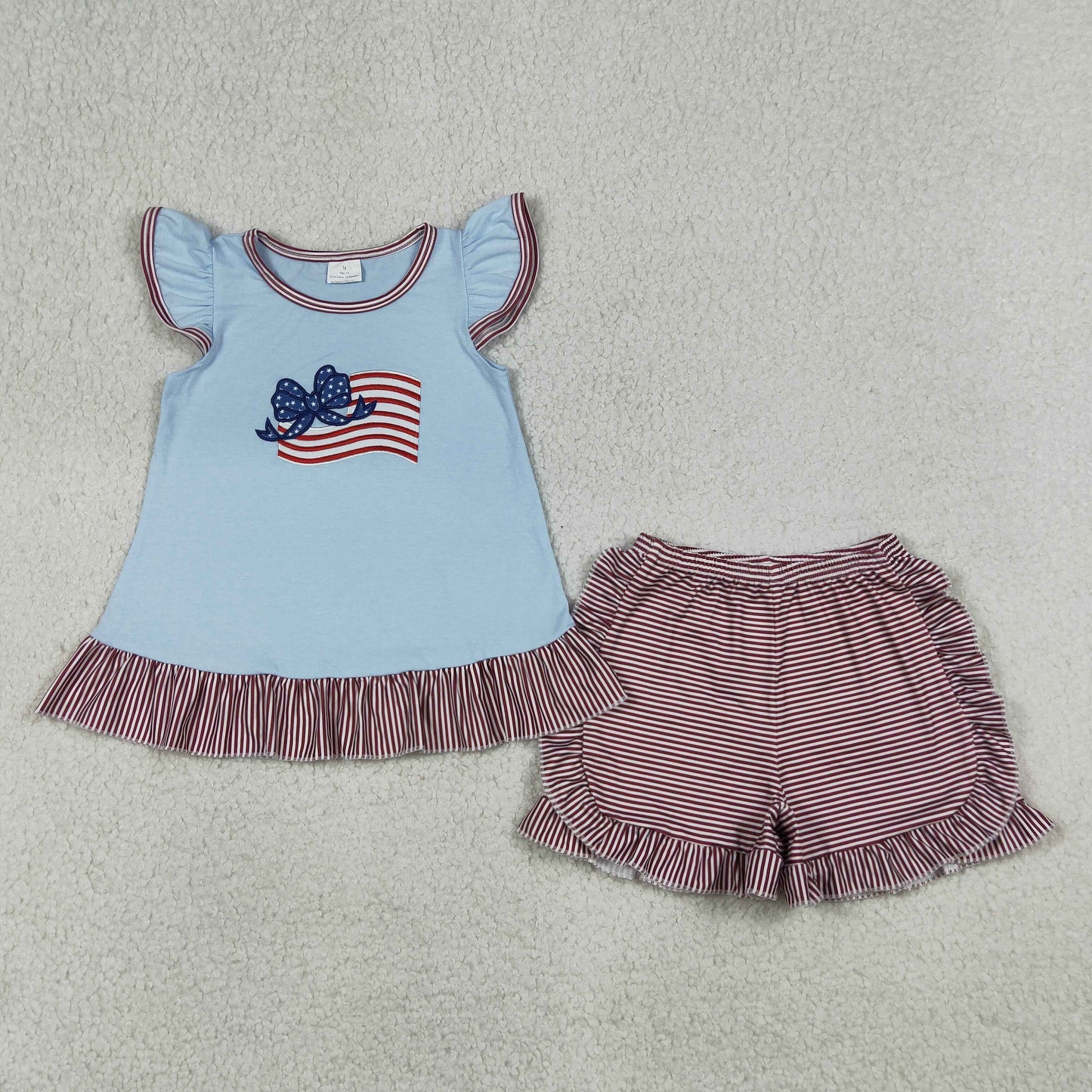 4.11 GSSO3278 RTS NO MOQ （In stock ）Flutter sleeves flag bow stripe shorts girls 4th of july outfit