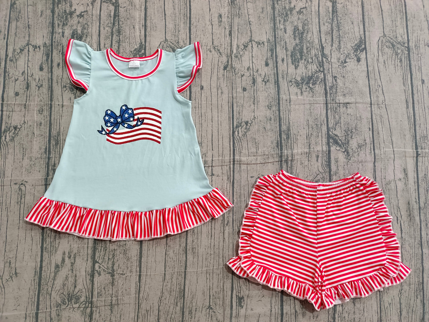 2.3 GSSO3278 Sample No Moq Embroidery Bow Flags Baby Girls Tunic Stripe Shorts 4th of July Clothes Set