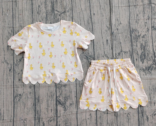 3.7 GSSO3281 Sample No Moq Baby Girls Small Ducks Flowers Top Scallop Shorts Clothes Sets