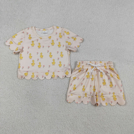 3.26 RTS NO MOQ （In stock）GSSO3281 Kids Clothing for Baby Girls Short Sleeve Yellow Small Flowers Chicks Top Scallop Shorts Clothes Sets