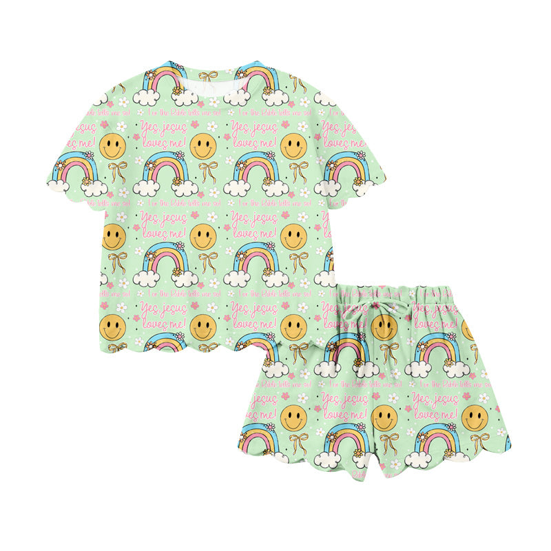 1.23 GSSO3283 Pre order No Moq Baby Girls Rainbow Smiles Top Scallop Shorts Clothes Sets