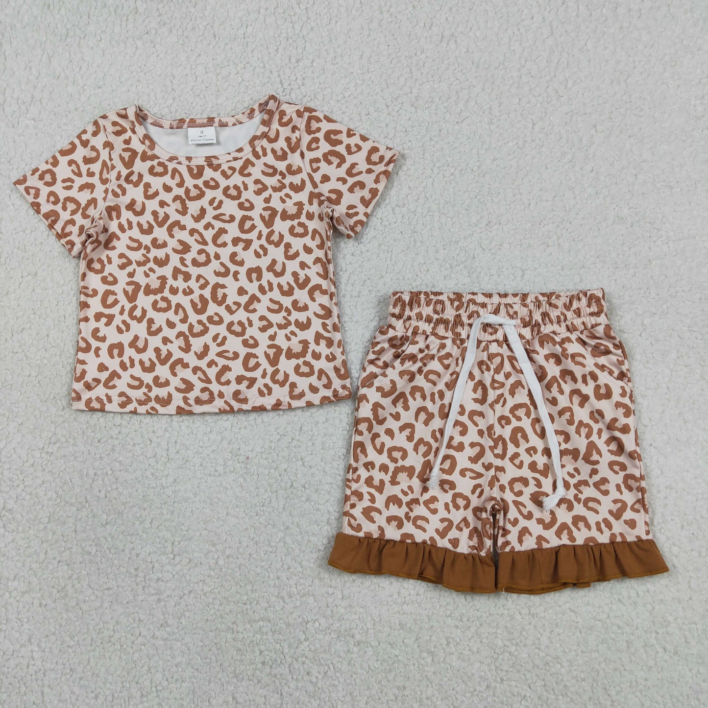 GSSO3292 RTS NO MOQ （In stock ）Short sleeves leopard top ruffle shorts girls outfits