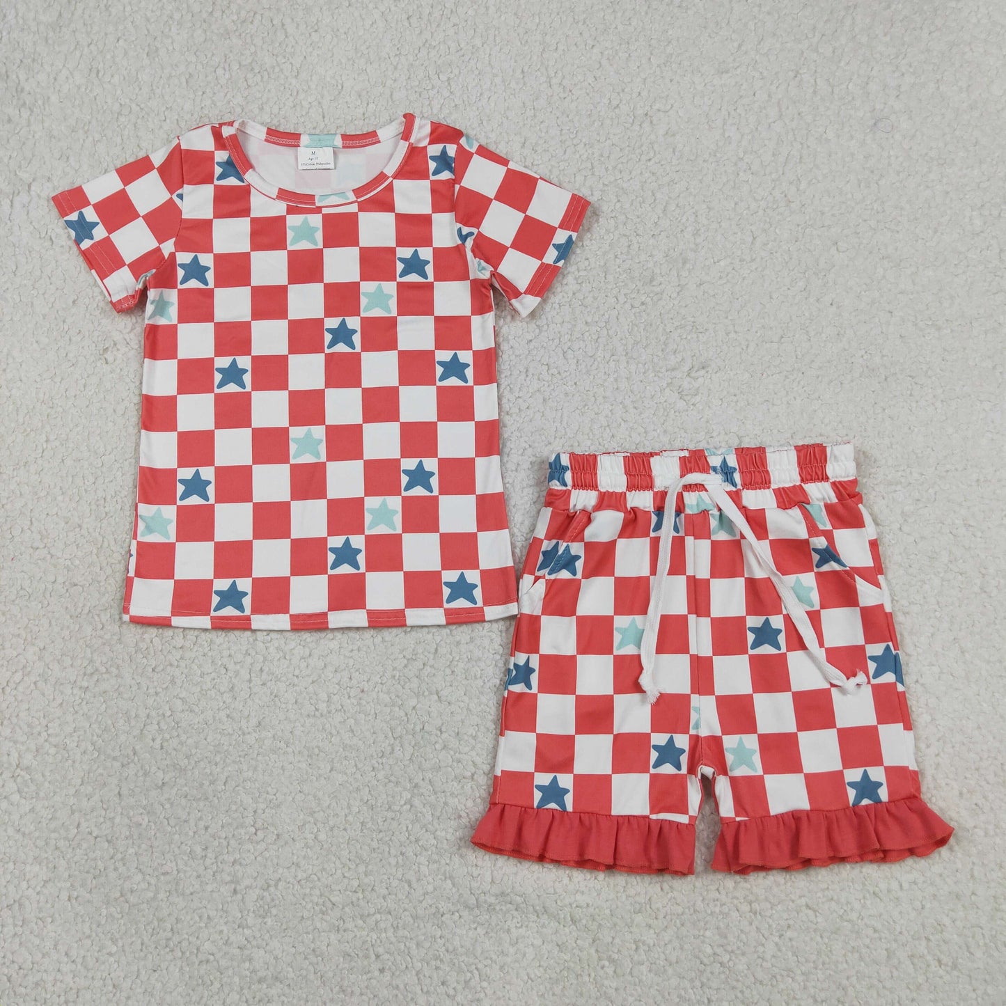 GSSO3293 RTS NO MOQ （In stock ）Baby Girls Red Checked Stars Top Pockets Ruffle Shorts 4th of July Clothes Sets