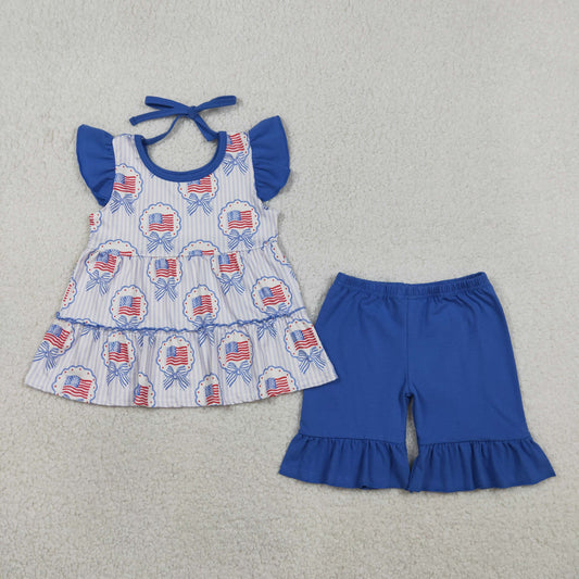 3.28 RTS NO MOQ （In stock）GSSO3296 Flutter sleeves bow flag tunic shorts girls 4th of july set