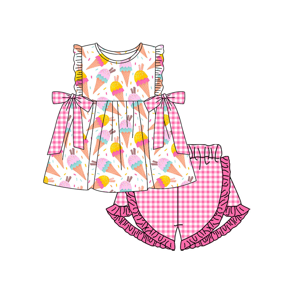 1.27 GSSO3300 Pre order No Moq Baby Girls Ice Cream Sprinkles Tunic Checked Ruffle Shorts Clothes Sets
