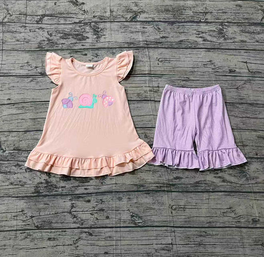3.7 GSSO3305 Sample No Moq Baby Girls Embroidery Ladybirds Snails Tunic Ruffle Shorts Clothes Sets